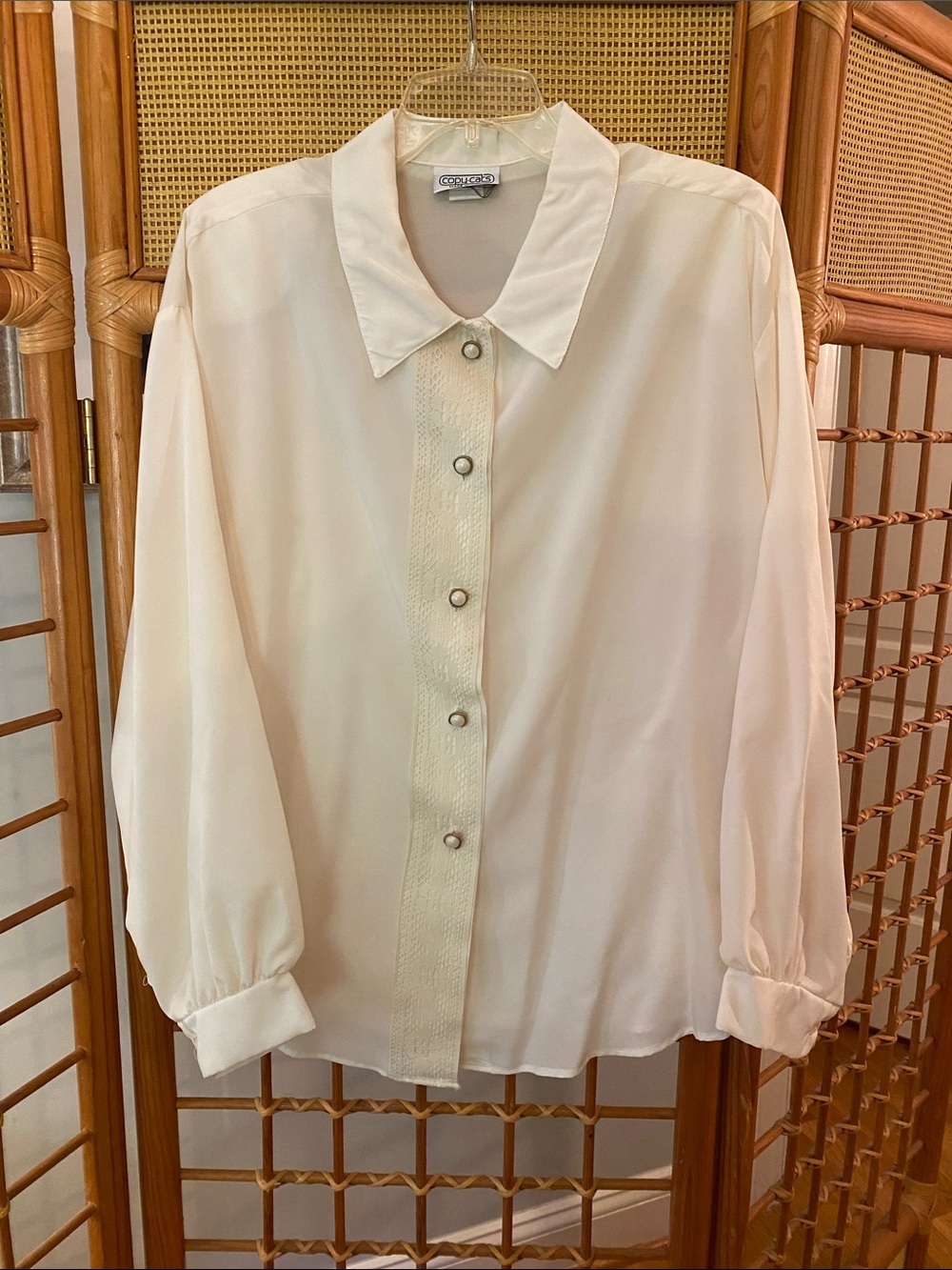 Cream Button-Front Long-Sleeve Blouse